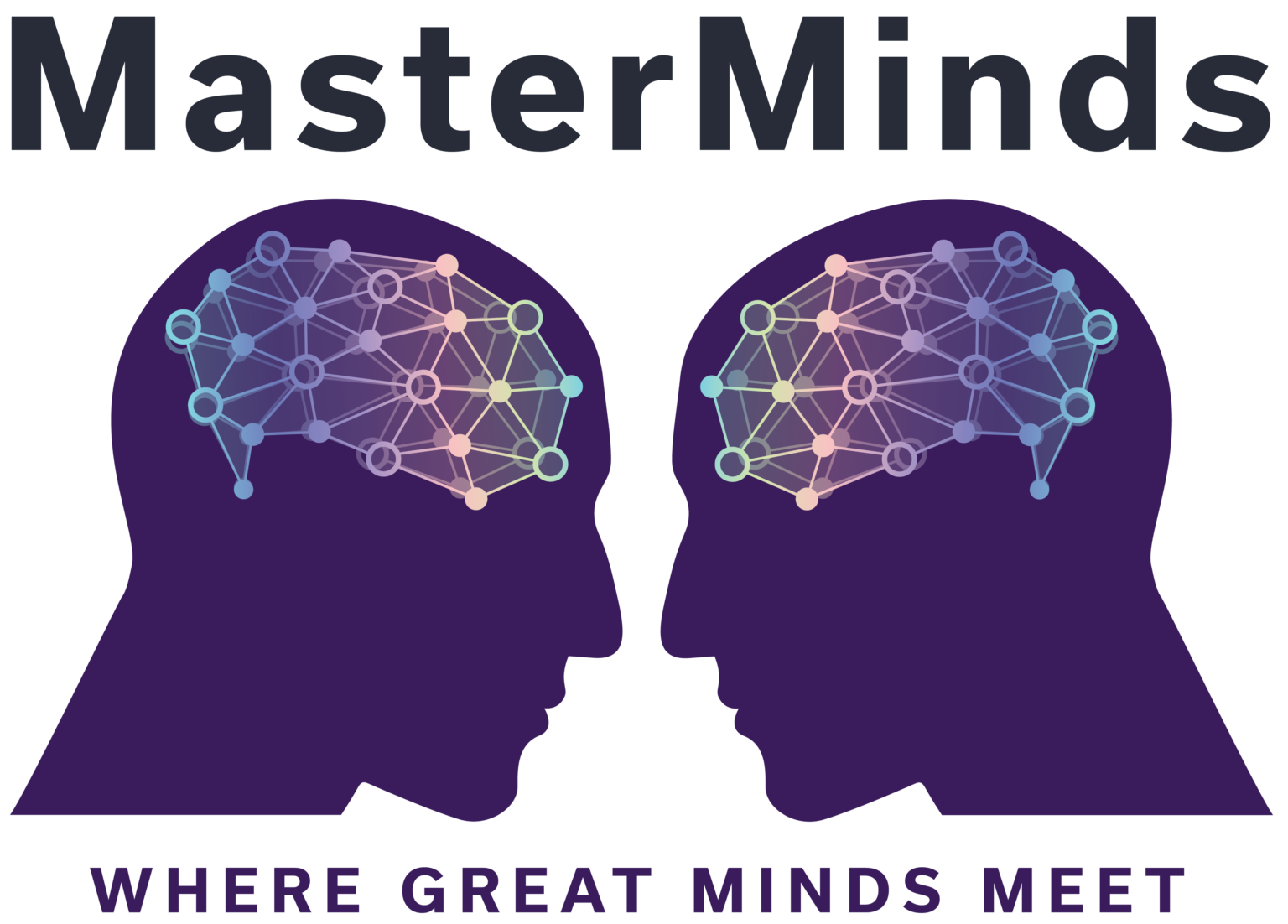 MasterMinds logo featuring two silhouettes of human heads facing each other, with brain-shaped networks of lines and dots inside, and the text “WHERE GREAT MINDS MEET” below.