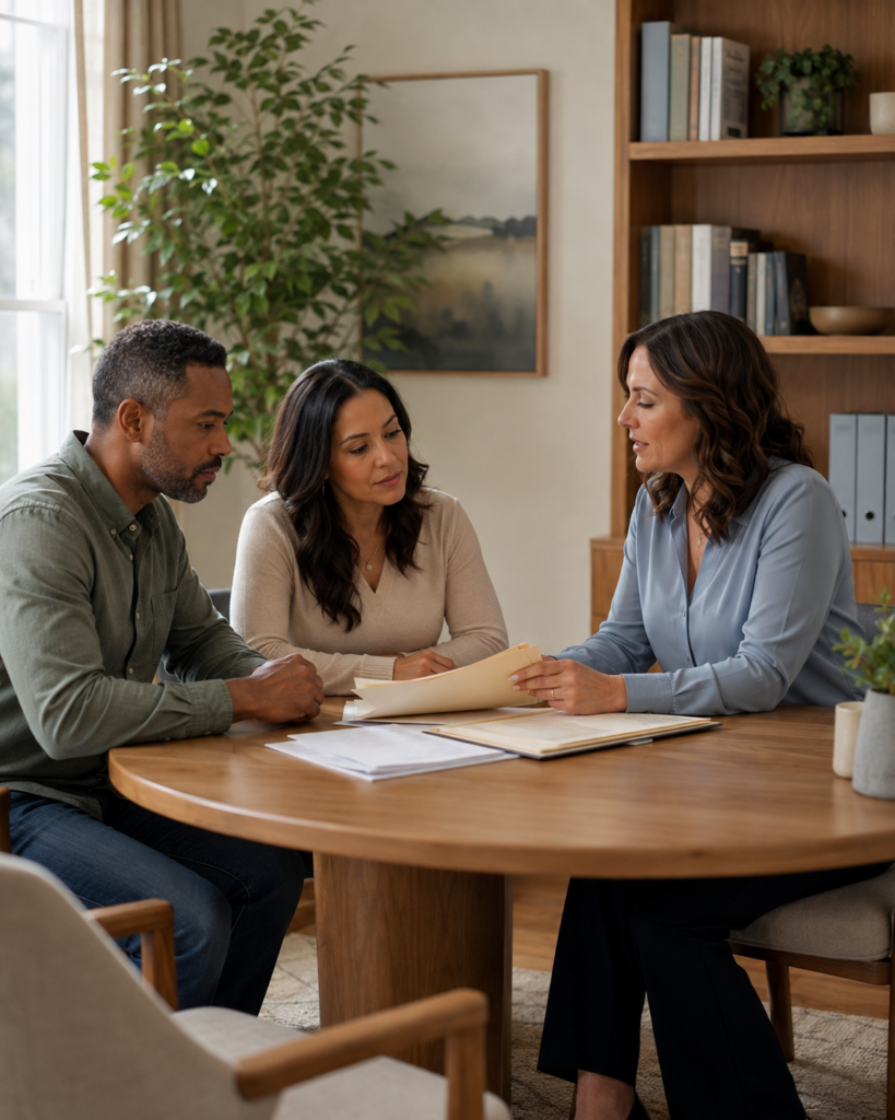 A professional woman sits at a round table with a couple, reviewing documents together.