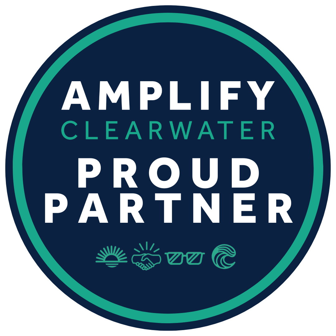 Circular Amplify Clearwater Proud Partner badge featuring icons of a sun, a handshake, glasses, and a wave.