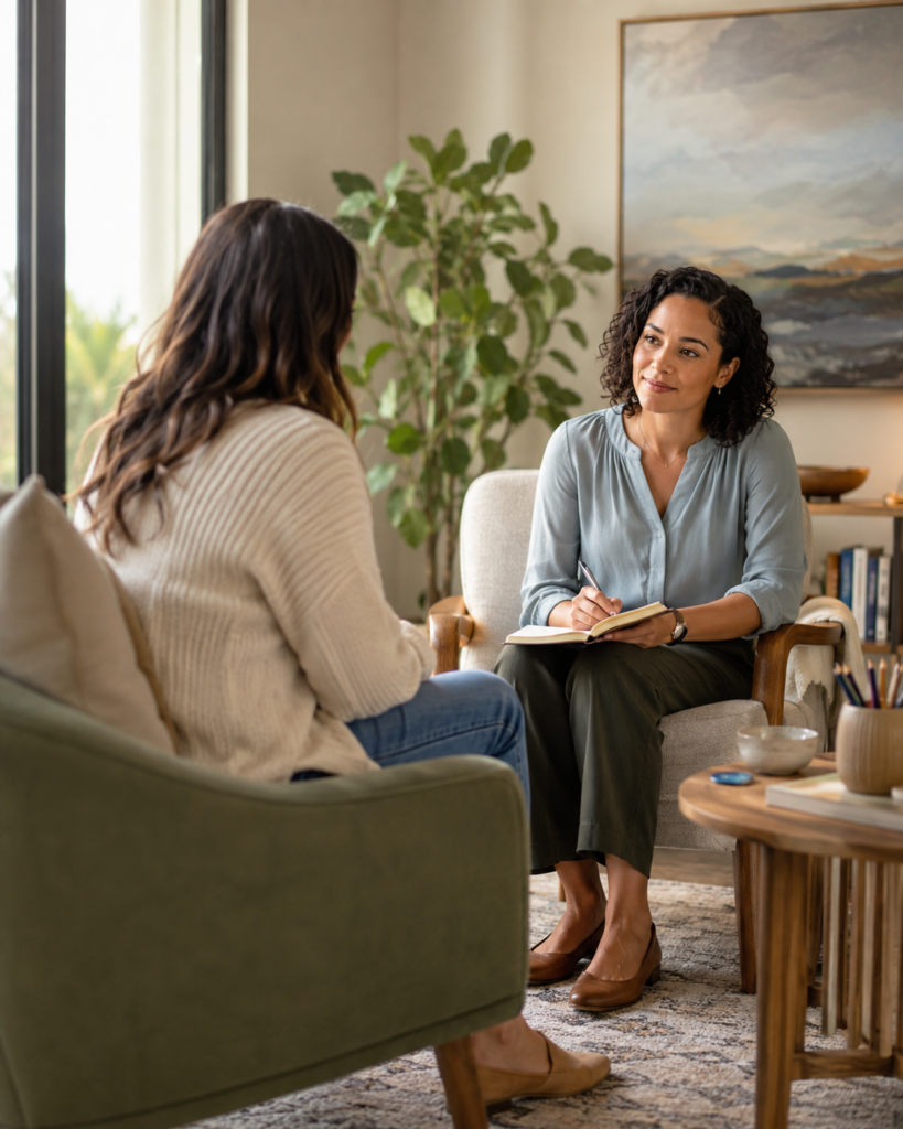 A therapist sits in an armchair, listening and taking notes as she speaks with a client in a bright office.