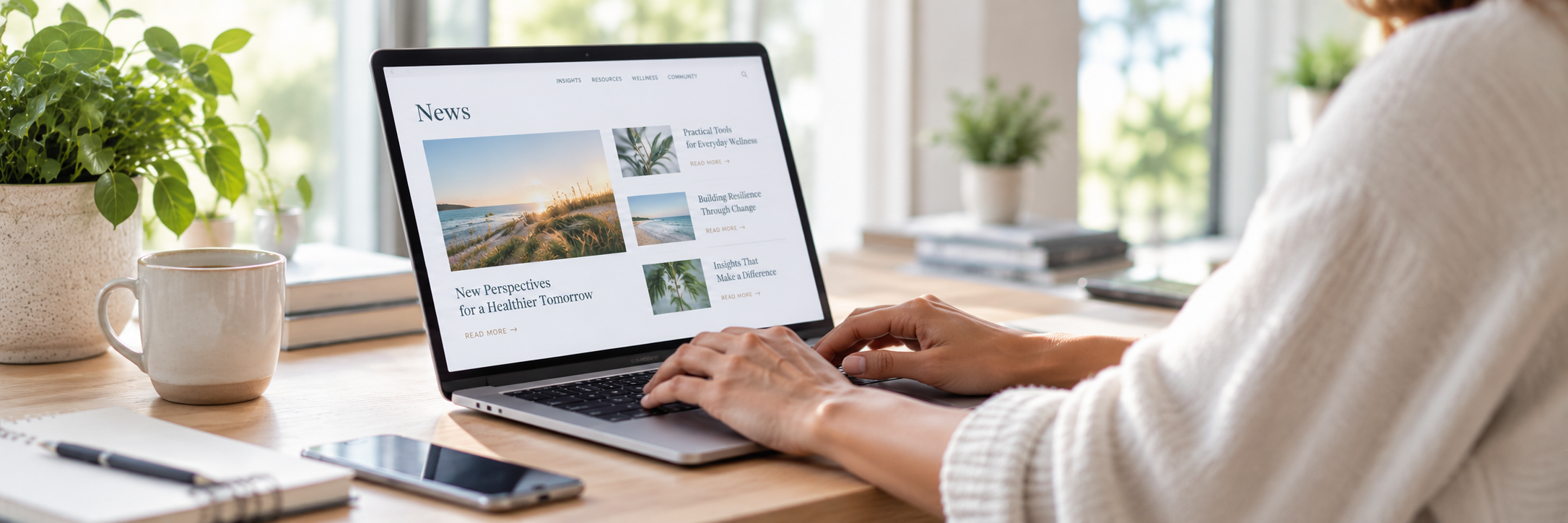 A person typing on a laptop displaying a news website with articles on wellness and personal growth.