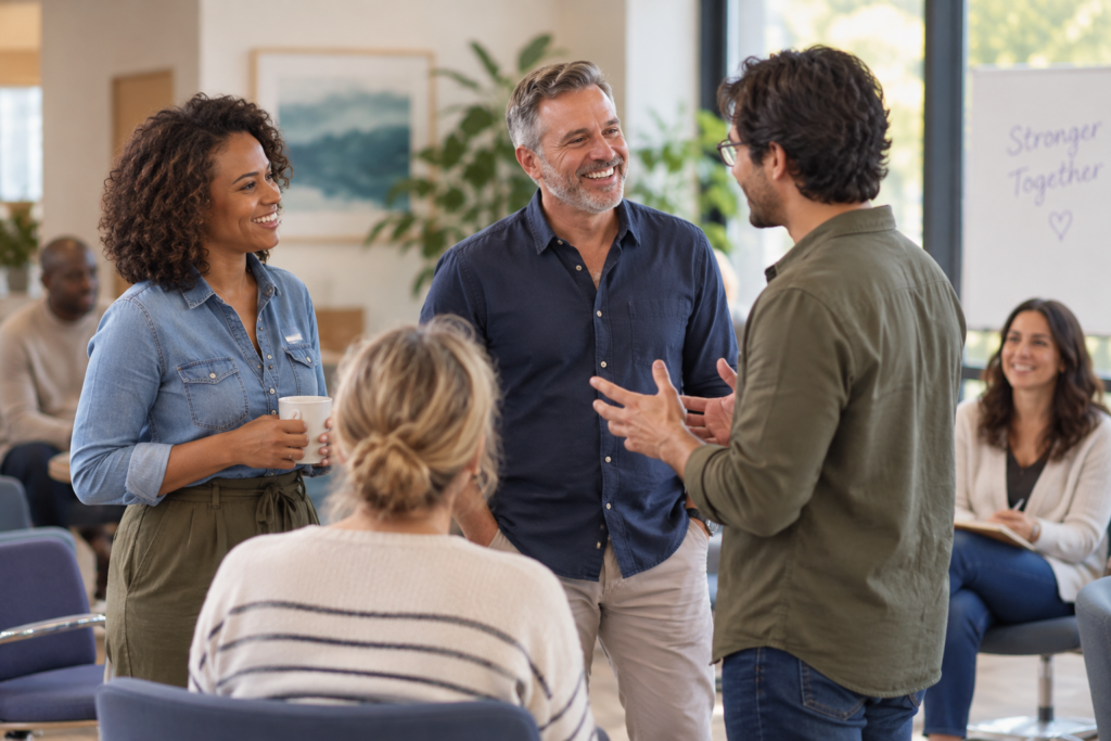A diverse group of people talking and smiling in a bright office space.