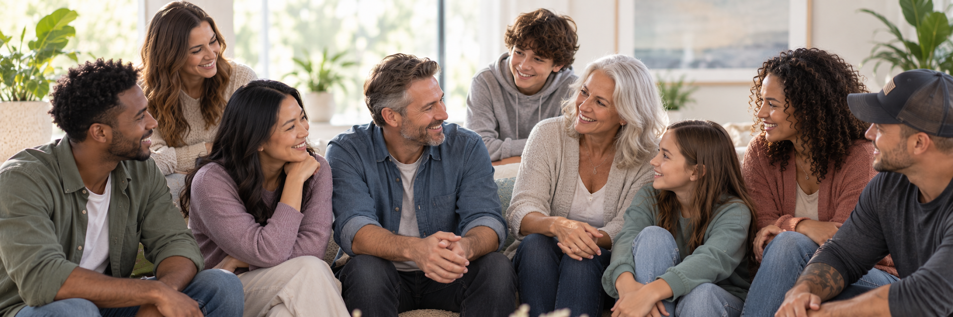 A multi-generational group of people sitting in a circle and talking together.