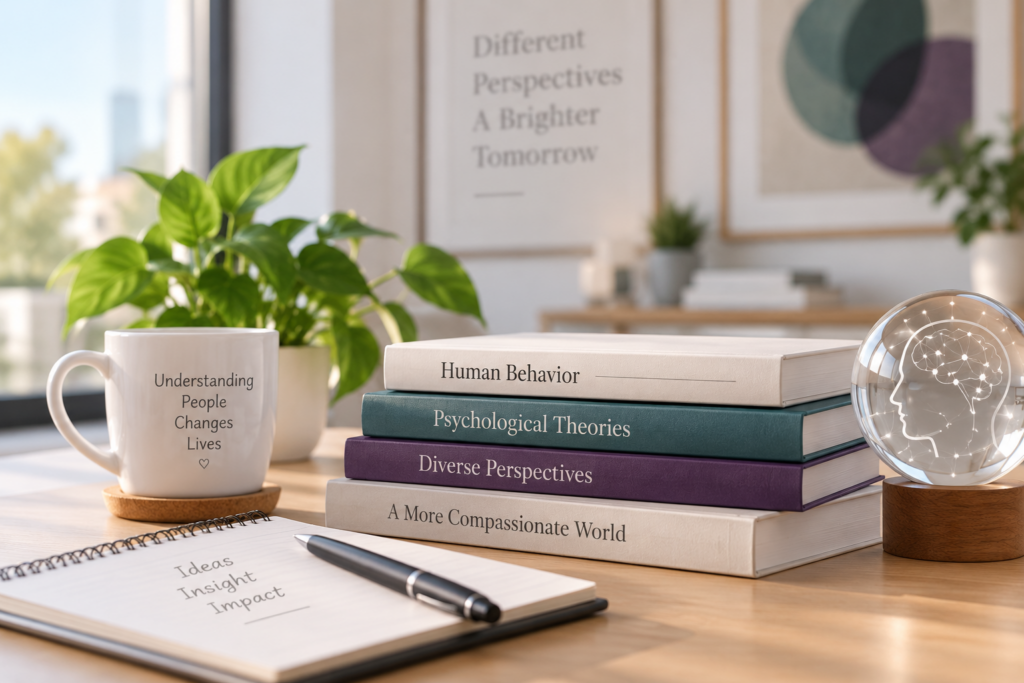 A stack of books titled “Human Behavior,” “Psychological Theories,” “Diverse Perspectives,” and “A More Compassionate World” sits on a desk next to a notebook, a mug, and a glass sphere containing an etched brain icon.