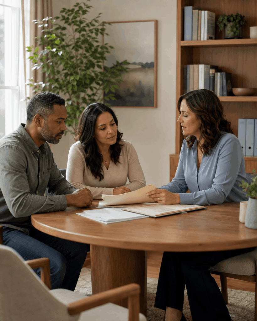 A woman sitting at a round table consults with a couple while reviewing documents.