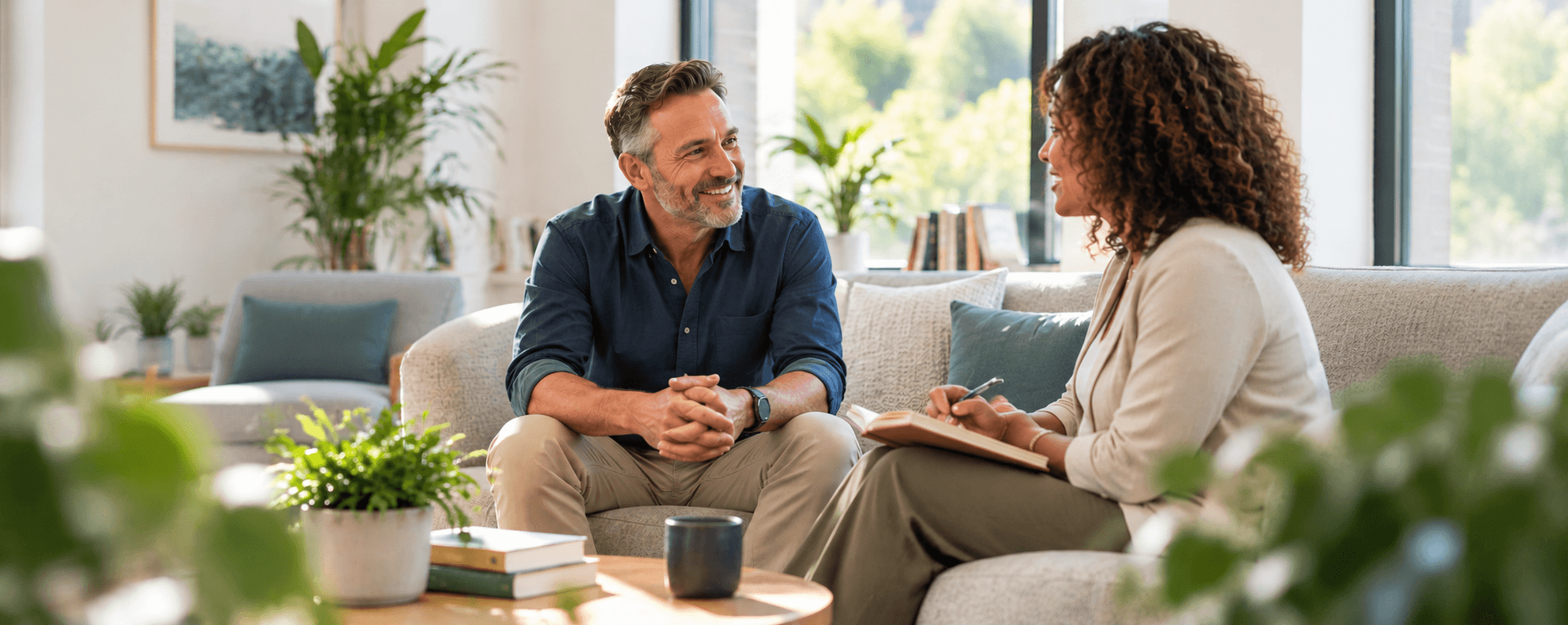 A smiling man sits on a couch talking to a woman who is taking notes in a notebook.