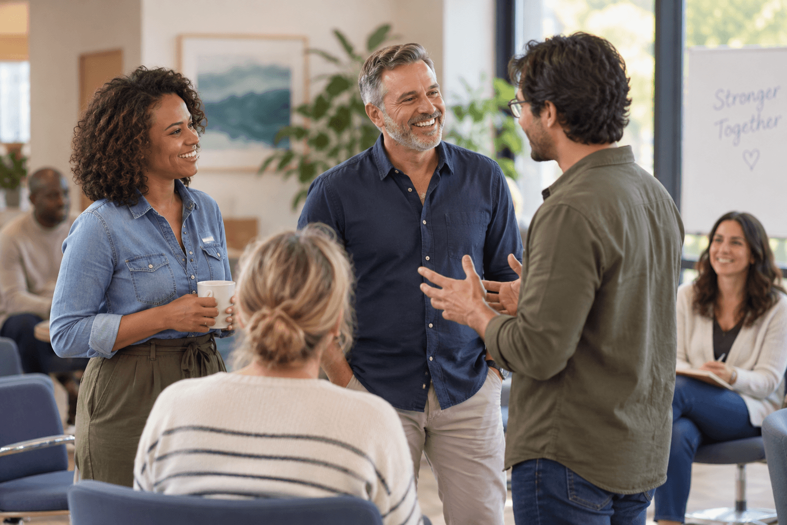 A diverse group of colleagues talking and smiling in an office setting.