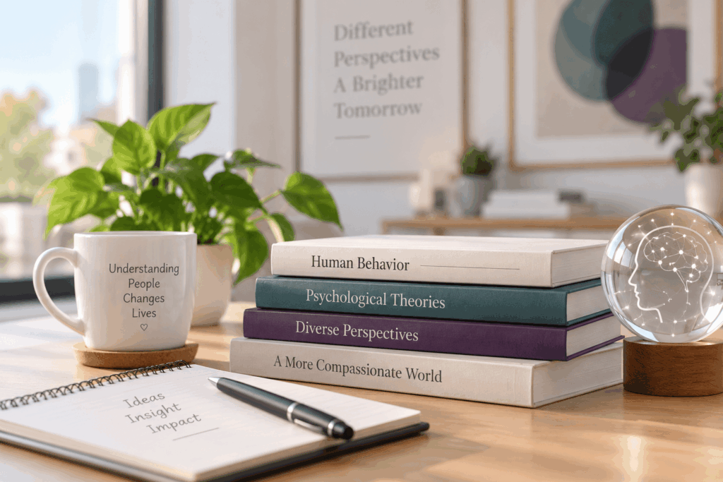 A desk featuring a stack of four books titled Human Behavior, Psychological Theories, Diverse Perspectives, and A More Compassionate World, alongside a mug, a notebook with the words “Ideas Insight Impact,” and a glass brain ornament.